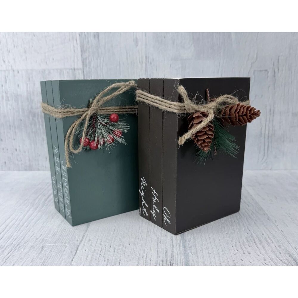 Christmas Decorative Tiered Mini Book Stack Wooden Decor, Lot of 2